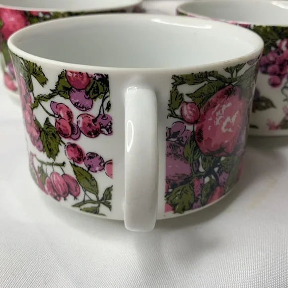 Beautiful vintage set of 6 green, plum & pink Enesco Japan soup mugs with fruits - Picture 8 of 8